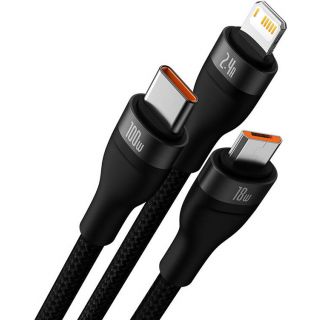 Baseus Flash Lightning - USB-C - Micro-USB - USB-A kábel 100W 1,2m - fekete
