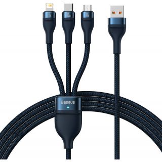 Baseus Flash Lightning - USB-C - Micro-USB - USB-A kábel 100W 1,2m - kék