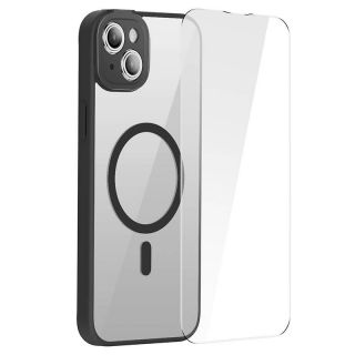 Baseus Frame MagSafe iPhone 14 Plus / 15 Plus kemény hátlap tok + kijelzővédő üvegfólia - fekete