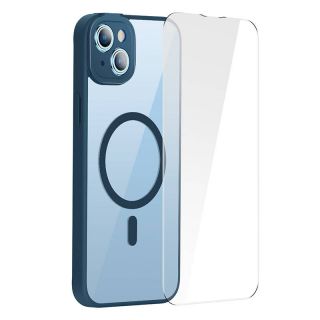 Baseus Frame MagSafe iPhone 14 Plus / 15 Plus kemény hátlap tok + kijelzővédő üvegfólia - kék