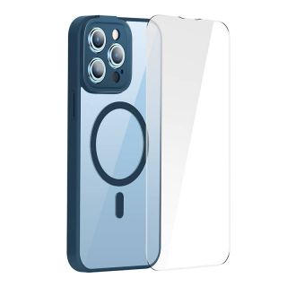 Baseus Frame MagSafe iPhone 14 Pro Max kemény hátlap tok + kijelzővédő üvegfólia - kék
