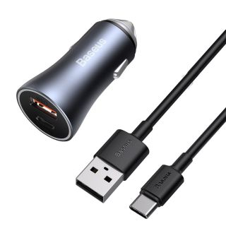 Baseus Golden Contactor Pro USB-C + USB-A autós töltő 40W + USB-A - USB-C kábel 1m - szürke