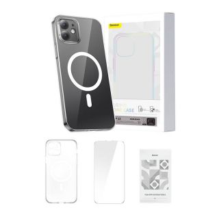 Baseus Magnetic Crystal Clear MagSafe iPhone 12 szilikon hátlap tok + kijelzővédő üvegfólia - átlátszó
