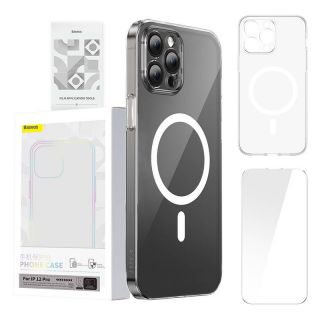 Baseus Magnetic Crystal Clear MagSafe iPhone 12 Pro szilikon hátlap tok + kijelzővédő üvegfólia - átlátszó