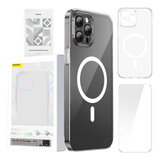 Baseus Magnetic Crystal Clear MagSafe iPhone 12 Pro Max szilikon hátlap tok + kijelzővédő üvegfólia - átlátszó