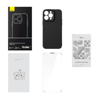 Baseus Synthetic Fiber MagSafe iPhone 14 Pro szilikon hátlap tok + kijelzővédő üvegfólia - fekete