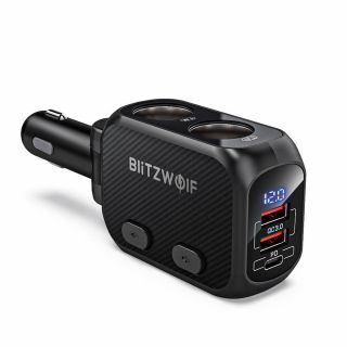 BlitzWolf BW-CLA1 szivargyújtós FM transzmitter és USB-C - USB-A töltő 150W