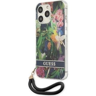 Guess Flower Strap GUHCP13LHFLSB iPhone 13 Pro szilikon hátlap tok + csuklópánt - zöld/virágos
