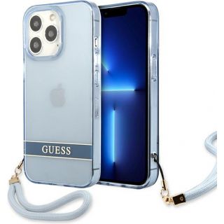 Guess GUHCP13LHTSGSB iPhone 13 Pro kemény hátlap tok + csuklópánt - kék/átlátszó
