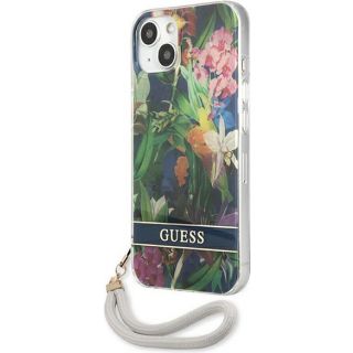 Guess Flower Strap GUHCP13MHFLSB iPhone 13 szilikon hátlap tok + csuklópánt - zöld/virágos