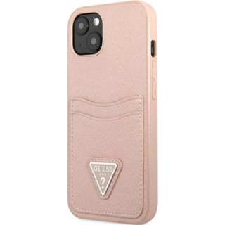 Guess Saffiano Triangle GUHCP13MPSATPP iPhone 13 bőr hátlap tok + kártyatartó - rózsaszín