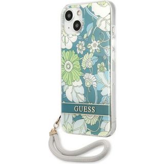 Guess Flower Strap GUHCP13SHFLSN iPhone 13 mini szilikon hátlap tok + csuklópánt - kék/virágos