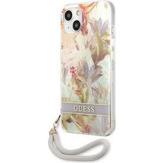 Guess Flower Strap GUHCP13SHFLSU iPhone 13 mini szilikon hátlap tok + csuklópánt - lila/virágos