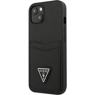 Guess Saffiano Triangle GUHCP13SPSATPK iPhone 13 mini bőr hátlap tok + kártyatartó - fekete