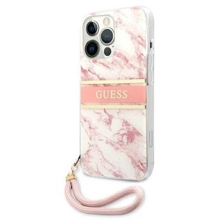 Guess Marble Strap GUHCP13XKMABPI iPhone 13 Pro Max kemény hátlap tok + csuklópánt - fehér/rózsaszín
