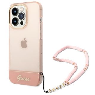 Guess GUHCP14LHGCOHP iPhone 14 Pro kemény hátlap tok + csuklópánt - rózsaszín/átlátszó