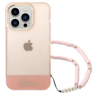 Guess GUHCP14LHGCOHP iPhone 14 Pro kemény hátlap tok + csuklópánt - rózsaszín/átlátszó