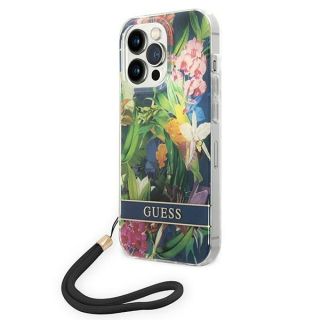 Guess Flower Strap GUOHCP14LHFLSB iPhone 14 Pro szilikon hátlap tok + csuklópánt - zöld/virágos