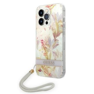 Guess Flower Strap GUOHCP14LHFLSU iPhone 14 Pro szilikon hátlap tok + csuklópánt - fehér/virágos