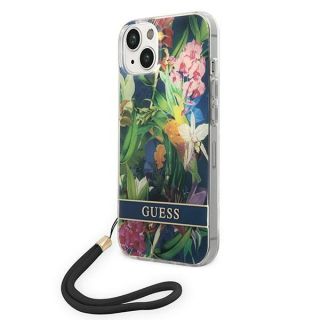 Guess Flower Strap GUOHCP14MHFLSB iPhone 14 Plus szilikon hátlap tok + csuklópánt - zöld/virágos