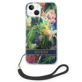 Guess Flower Strap GUOHCP14MHFLSB iPhone 14 Plus szilikon hátlap tok + csuklópánt - zöld/virágos
