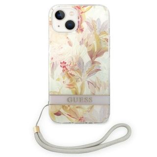 Guess Flower Strap GUOHCP14MHFLSU iPhone 14 Plus szilikon hátlap tok + csuklópánt - fehér/virágos