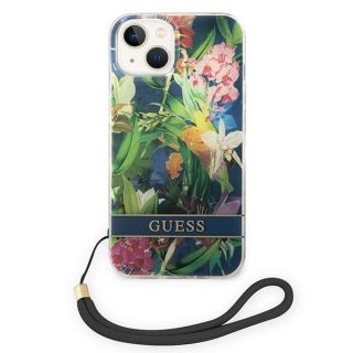 Guess Flower Strap GUOHCP14SHFLSB iPhone 14 szilikon hátlap tok + csuklópánt - zöld/virágos