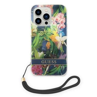 Guess Flower Strap GUOHCP14XHFLSB iPhone 14 Pro Max szilikon hátlap tok + csuklópánt - zöld/virágos