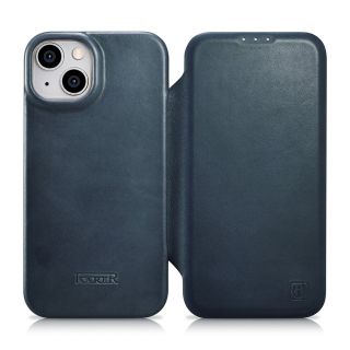 iCarer CE Oil Wax Premium Foilo MagSafe iPhone 14 kinyitható bőr tok - kék