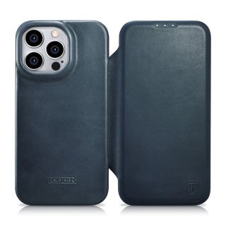 iCarer CE Oil Wax Premium Foilo MagSafe iPhone 14 Pro kinyitható bőr tok - kék