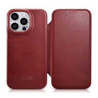 iCarer CE Oil Wax Premium Foilo MagSafe iPhone 14 Pro kinyitható bőr tok - piros