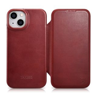 iCarer CE Oil Wax Premium Foilo MagSafe iPhone 14 kinyitható bőr tok - piros