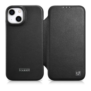 iCarer CE Premium Foilo MagSafe iPhone 14 kinyitható bőr tok - fekete
