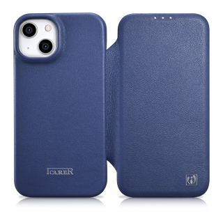 iCarer CE Premium Folio MagSafe iPhone 14 Plus kinyitható bőr tok - kék