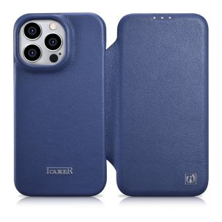 iCarer CE Premium Folio MagSafe iPhone 14 Pro kinyitható bőr tok - kék