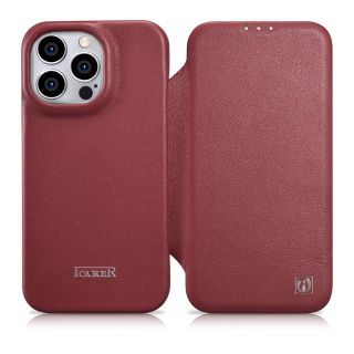 iCarer CE Premium Folio MagSafe iPhone 14 Pro Max kinyitható bőr tok - piros