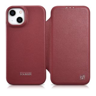 iCarer CE Premium Folio MagSafe iPhone 14 kinyitható bőr tok - piros