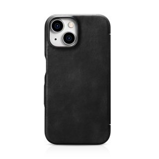 iCarer Curved Edge Oil Wax MagSafe iPhone 15 kinyitható bőr tok - fekete
