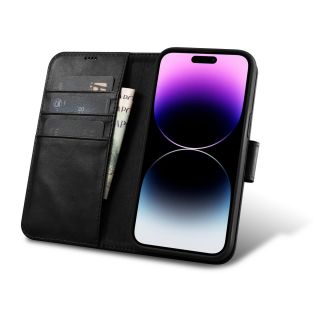 iCarer Oil Wax Wallet Anti-RFID 2in1 iPhone 14 Pro kinyitható és kivetető bőr tok - fekete