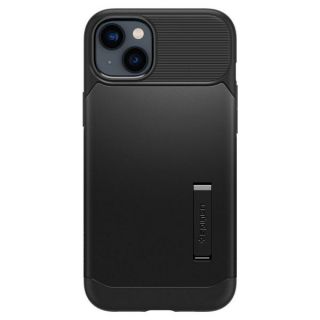 A fekete színű Spigen Slim Armor ütésálló iPhone 14 Plus készülékhez tervezett hátlap tok kényelmes fogást biztosít a telefon mindennapos használata során.