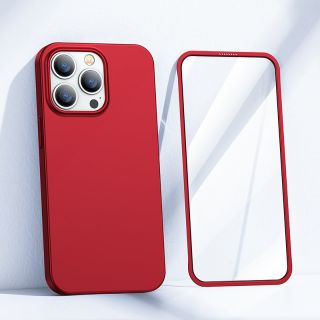 Joyroom 360 Full Case iPhone 13 Pro Max vékony hátlap tok + kijelzővédő üvegfólia - piros