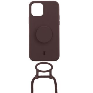 Just Elegance PopGrip iPhone 14 szilikon hátlap tok + nyakpánt + fogantyú - sötétbarna