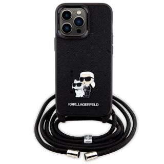 Karl Lagerfeld KLHCP13LSAKCPSK iPhone 13 / 13 Pro bőr hátlap tok + nyakpánt- fekete