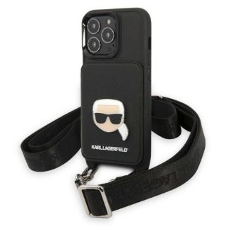 Karl Lagerfeld KLHCP13LSAKHPK iPhone 13 Pro bőr hátlap tok + kinyitható kártyatartó + nyakpánt - fekete