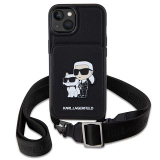 Karl Lagerfeld KLHCP14SCSAKCPMK iPhone 14 bőr hátlap tok + nyakpánt + kinyitható kártyatartó - fekete
