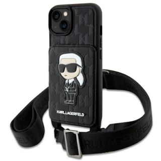 Karl Lagerfeld KLHCP14SCSAKHPKK iPhone 14 bőr hátlap tok + nyakpánt + kinyitható kártyatartó - fekete