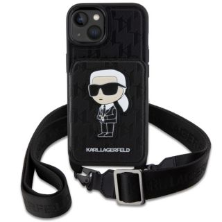 Karl Lagerfeld KLHCP14SCSAKHPKK iPhone 14 bőr hátlap tok + nyakpánt + kinyitható kártyatartó - fekete
