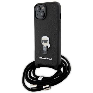Karl Lagerfeld KLHCP15SSASKNPSK iPhone 15 bőr hátlap tok nyakpánttal - fekete