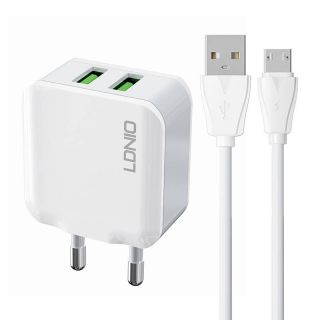 LDNIO A2201 hálózati töltő 12W (2x USB-A) + Micro-USB - USB-A kábel - fehér