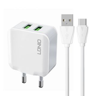 LDNIO A2201 hálózati töltő 12W (2x USB-A) + USB-C - USB-A kábel - fehér